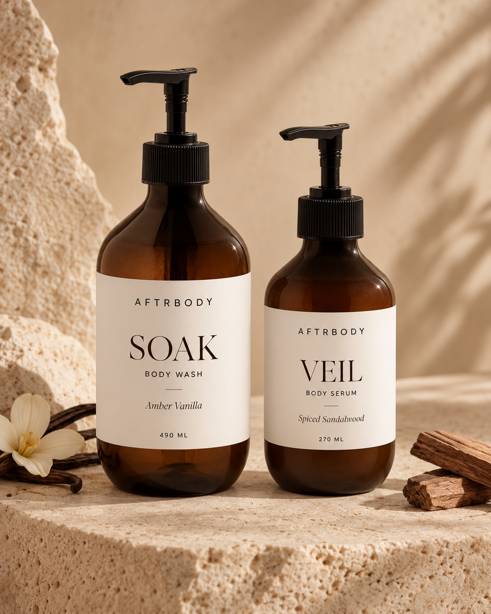 THE AFTR SET — SOAK Body Wash 490 ml en VEIL Body Serum 270 ml